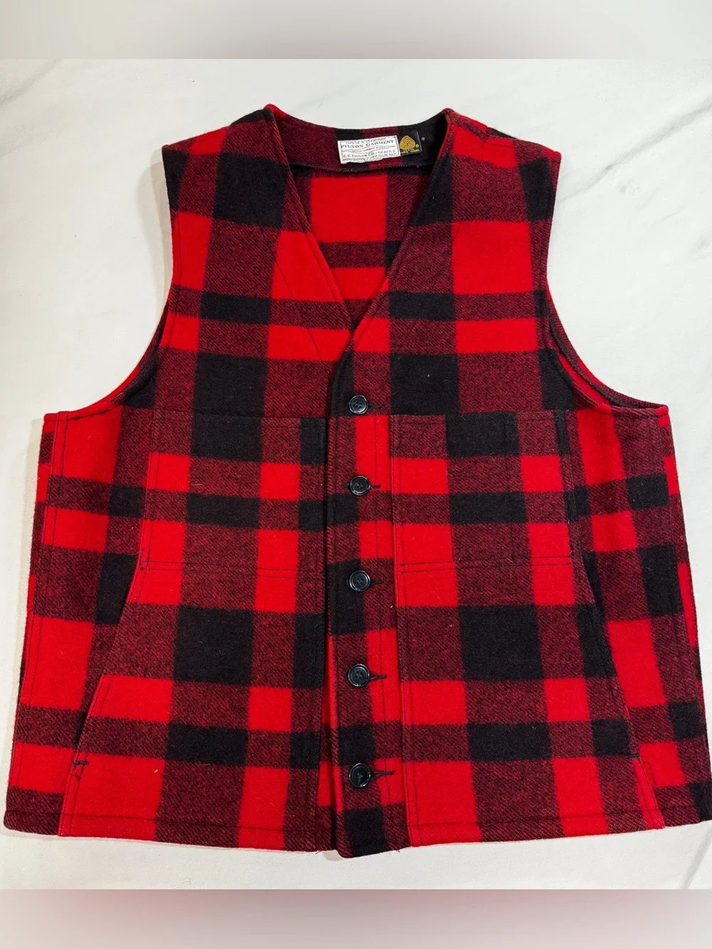 Vintage CC Filson Vest Mens Size 44 Red Mackinaw Wool Buffalo Plaid 80’s
